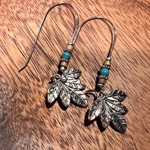 Tribal Silver and Turquoise/Tan Beads Dangle Earrings 2.5” Kidney Wire